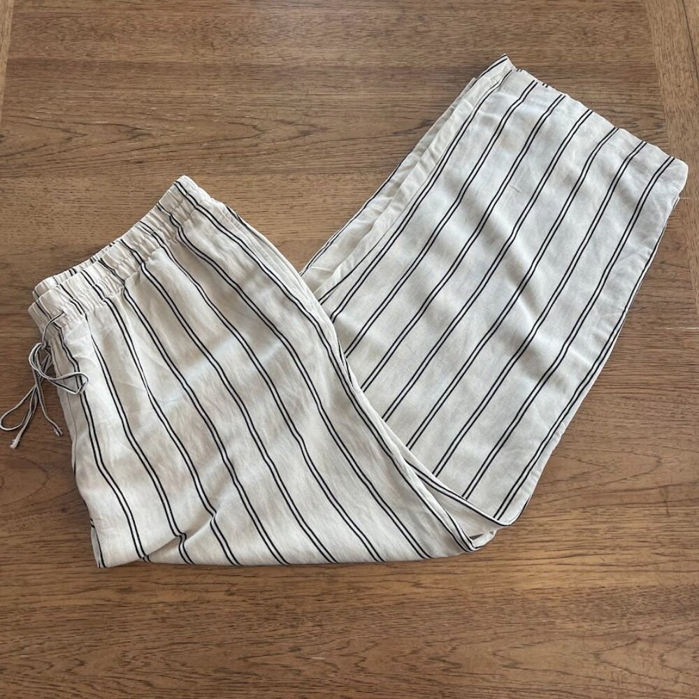 H&M Women's Gray Stripe XX-Large Linen Blend Pull On Wide Leg Draw String Pants